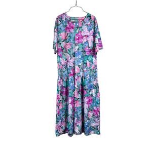 Lady Ronte VTG pink‎ blue floral short sleeve drop waist long house dress LARGE